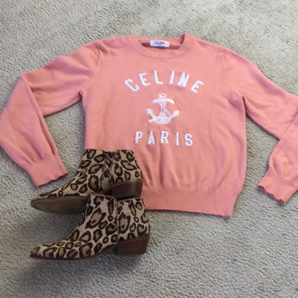 PEACH-CORAL/“CELINE PARIS”TYPE EMBROIDERED LOOK SWEATER
